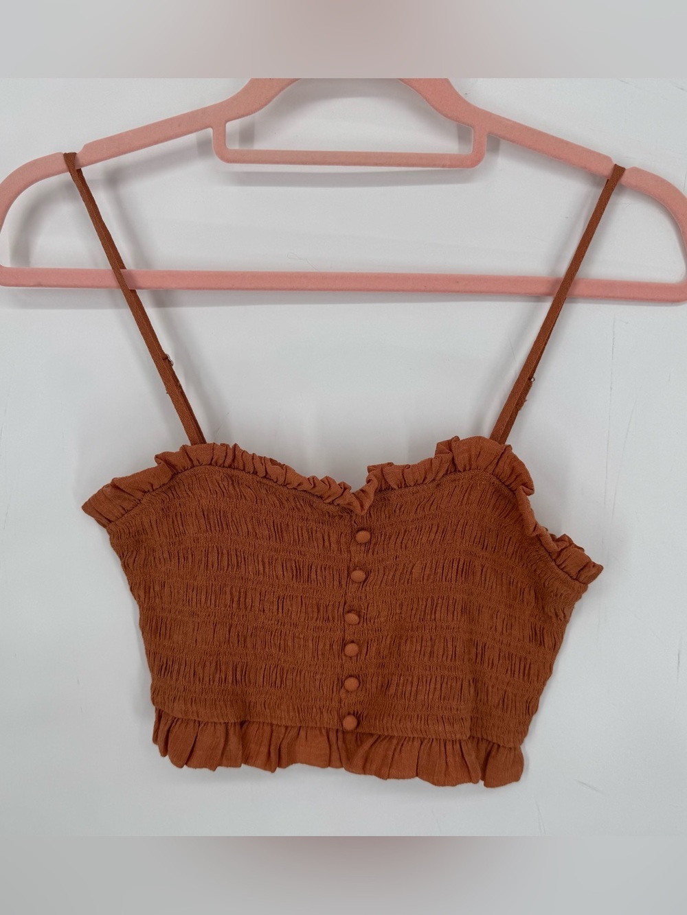 Blu Pepper Rust Brown Smocked Ruffle Cropped Cami Boho Festival Size Small NWT